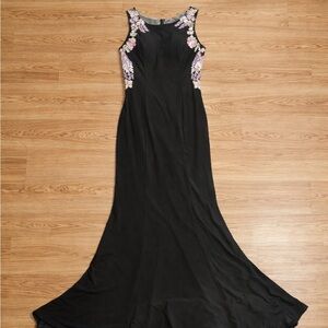 Jovani Black Maxi Dress with Pink Floral Embroidery